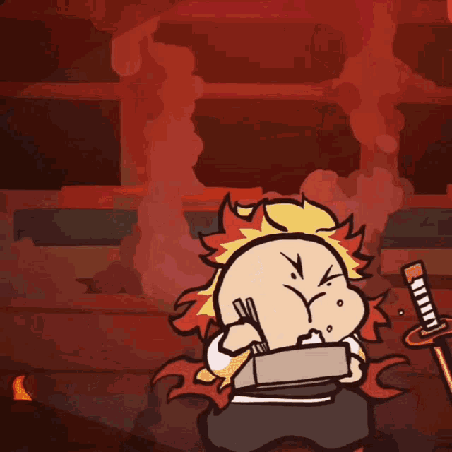 a cartoon of a man holding a sword and a brick in his mouth