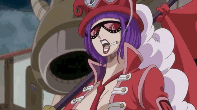 a cartoon character with purple hair and a red hat