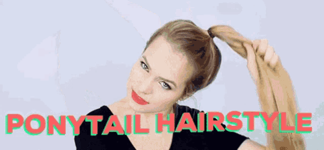 a woman is using a hair straightener to make a ponytail hairstyle .