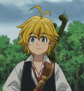 a young boy with yellow hair is holding a sword over his shoulder