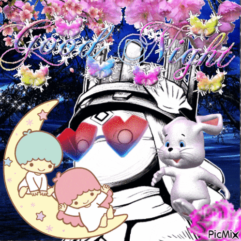 a picture with a rabbit and little twin stars and the words good night on it