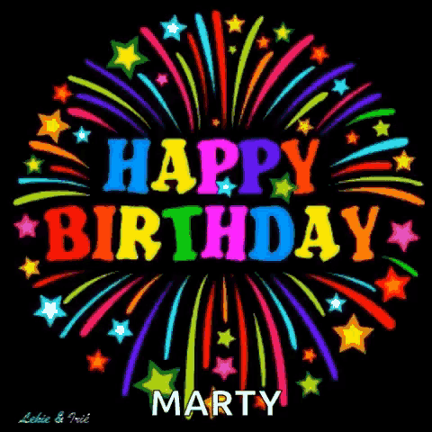a colorful fireworks display with the words " happy birthday marty "