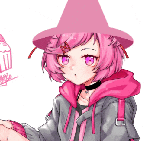 a girl with pink hair wearing a pink hat