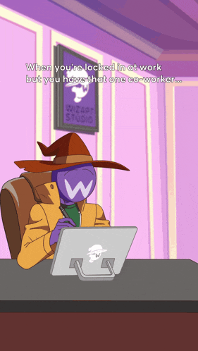 a cartoon of a wizard sitting at a desk with a laptop and a sign that says wizard studio