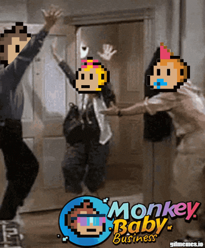 a monkey baby business advertisement with a man and woman jumping in the air