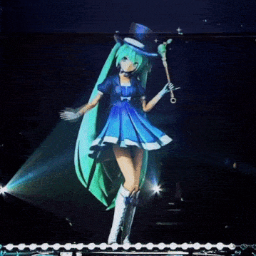 a doll with long green hair and a top hat is dancing on a stage .