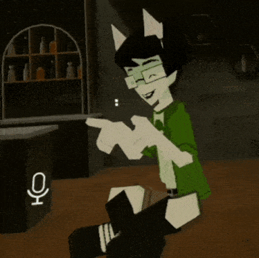 a cartoon character in a green shirt is pointing to something