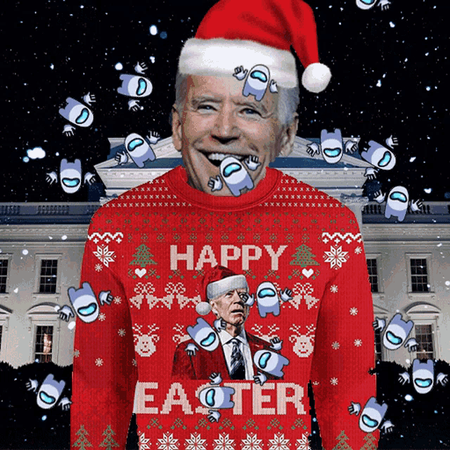 a man in a santa hat is wearing a sweater that says happy easter