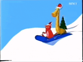 a cartoon of a giraffe wearing a santa hat riding a sled down a snowy hill