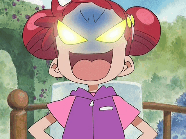 a cartoon girl with red hair and yellow eyes is making a funny face