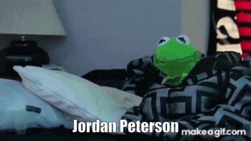 kermit the frog laying on a bed with the name jordan peterson