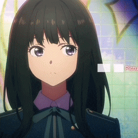 a girl with long black hair and purple eyes is looking at the camera