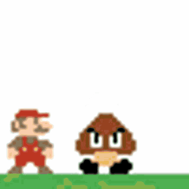 a pixel art of mario and goomba standing next to each other on the grass .