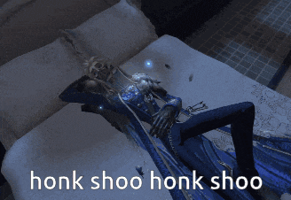 a skeleton laying on a bed with honk shoo written on the bottom