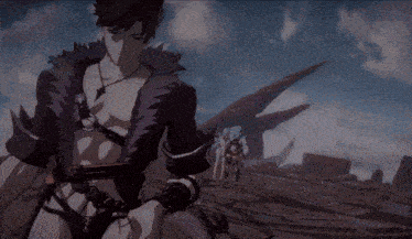 a man in a purple fur coat holding a sword in a video game