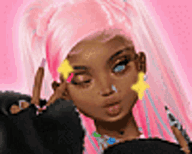 a girl with pink hair and a star on her forehead .