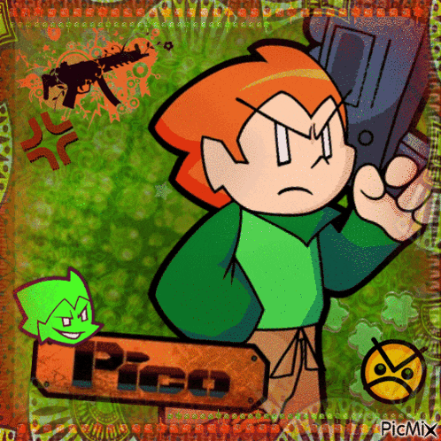 a cartoon character named pico is holding a gun in his left hand