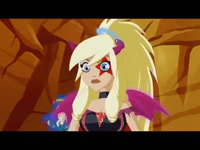 a cartoon girl with long blonde hair and purple wings is standing in front of a rock wall .