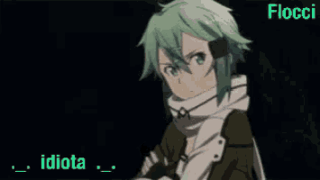 a green haired anime character with a scarf around her neck and the words idiota on the bottom right