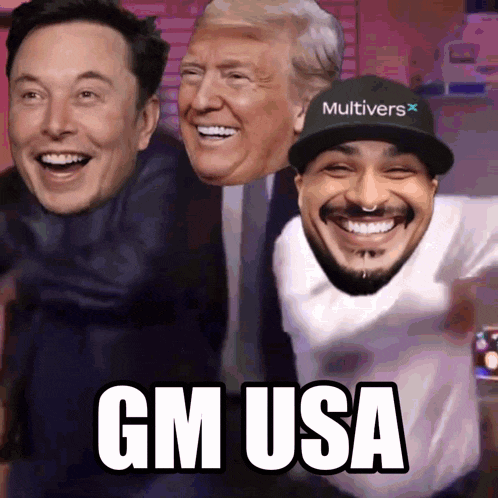 elon musk donald trump and a man wearing a hat with the word multivers on it