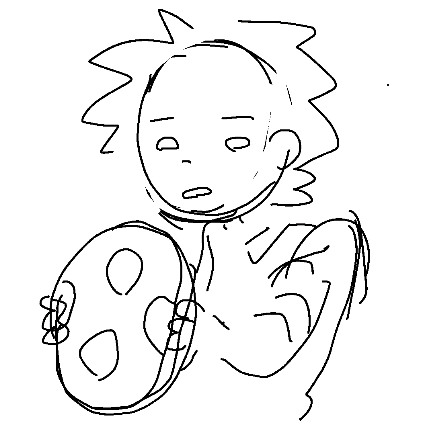 a black and white drawing of a person holding a coin with a dollar sign on it .