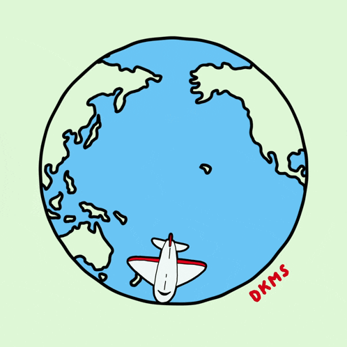 a drawing of a plane flying around a globe with dkms written below it