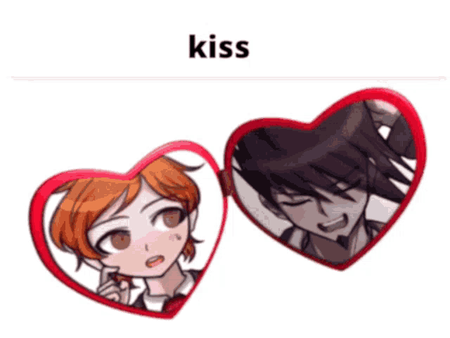 a picture of two anime characters in a heart shaped mirror with the word kiss above them