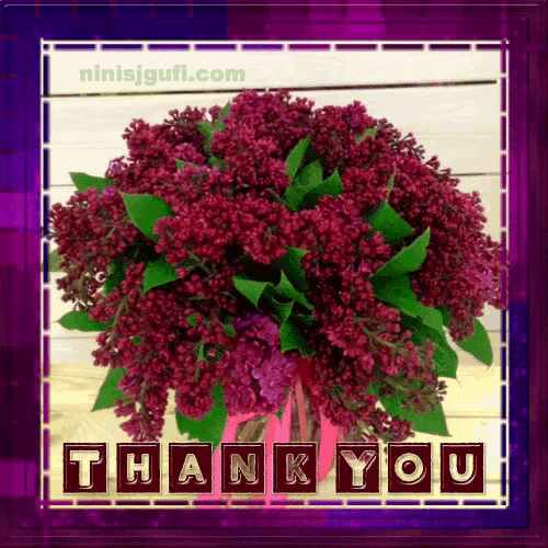 a purple thank you card with a bouquet of flowers
