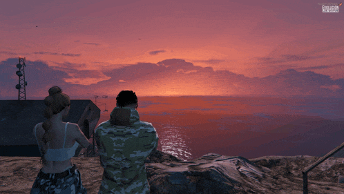 a man and a woman are looking at the ocean at sunset in a video game