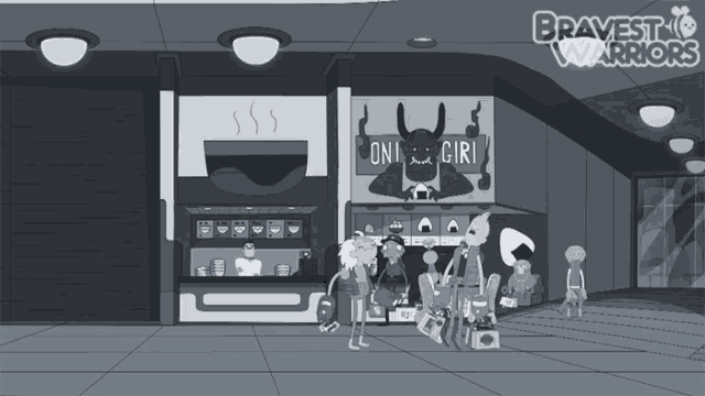 a black and white cartoon of bravest warriors in a shopping mall