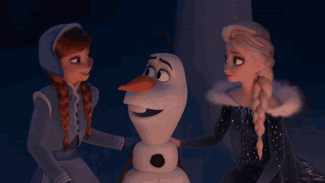 anna and elsa are standing next to olaf in a frozen scene