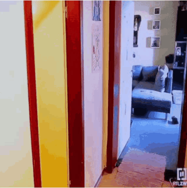 a hallway leading to a living room with a couch and a chair