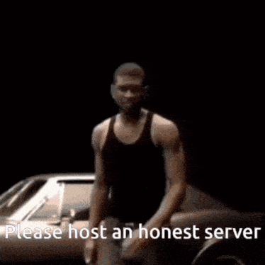 a man standing in front of a car with the words please host an honest server