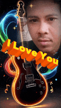 a man is standing in front of a guitar with the words i love you on it
