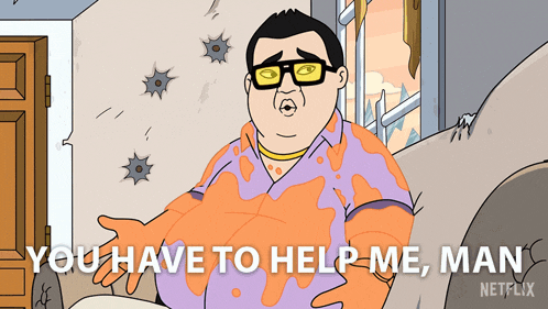 a cartoon of a man sitting on a couch with the words you have to help me man written below him