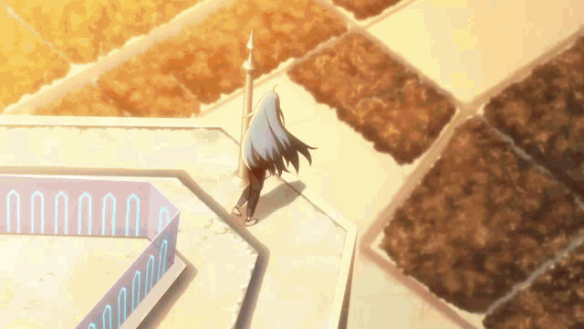 a girl with long blue hair stands in front of a building with a blue archway