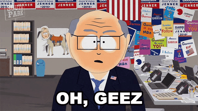 a cartoon character says oh geez in front of a wall of political posters