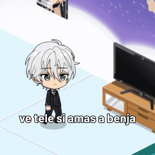 a cartoon character standing in front of a television with the words ve tele si amas a benja