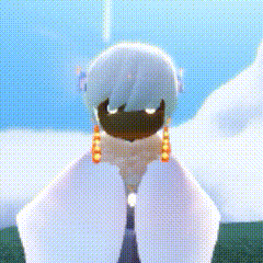 a cartoon character with white hair and earrings is standing in the grass .