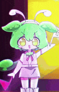 a cartoon character with green hair is holding a flag with the letter n on it