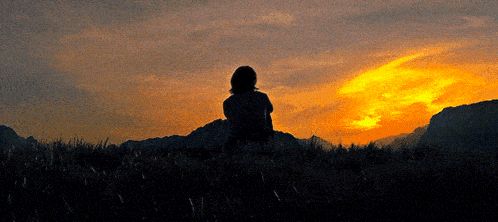 a person sits in a field watching the sun set