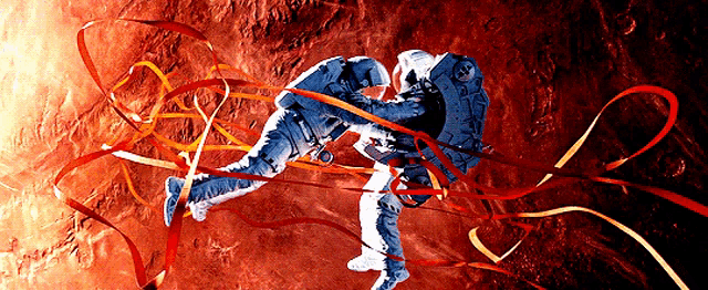 a painting of two astronauts in space with red ribbons