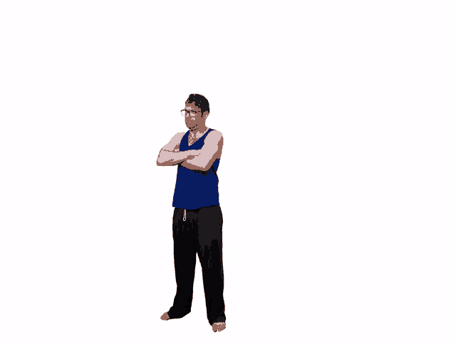 a man in a blue tank top and black pants with his arms crossed