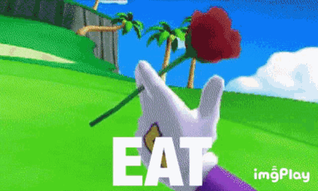 a cartoon character is holding a red rose and the word eat is on the screen