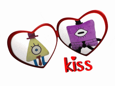 two stuffed animals in heart shaped frames with the word kiss in red
