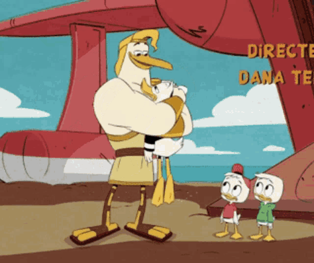 a cartoon of a man holding a duck with the words directed by dana te on the bottom right