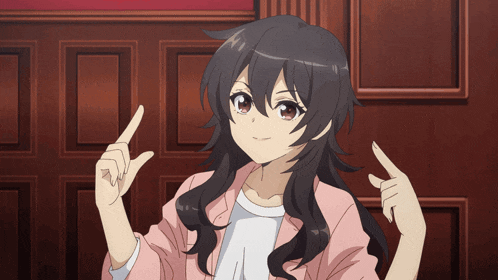 a girl in a pink jacket is pointing up with her fingers