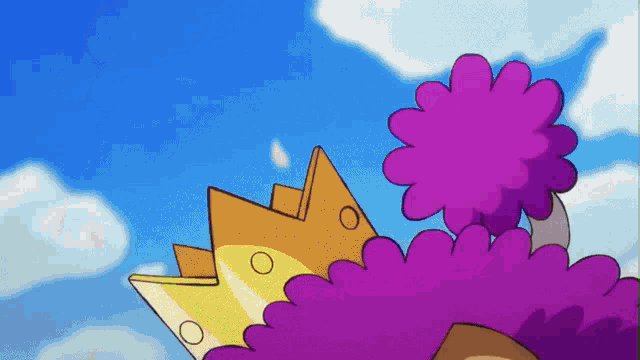 a cartoon drawing of a purple flower and a yellow crown