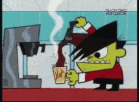 a cartoon of a man pouring coffee into a cup