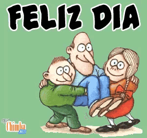 a cartoon of a man carrying two children with the words feliz dia above him